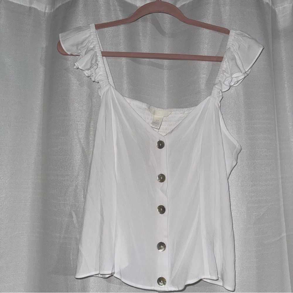 H&M White Button-Front Ruffle Strap Top
